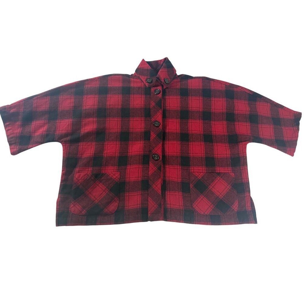 Coldwater Creek Womens Red & Black Preppy Plaid Button-Up Jacket With Pockets XL